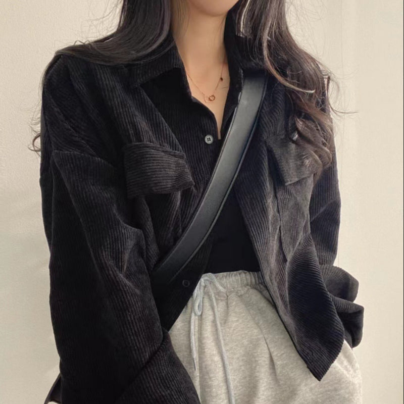 Women's Oversized Corduroy Shirt Jacket, Cropped Button Front Flap Pocket Jacket