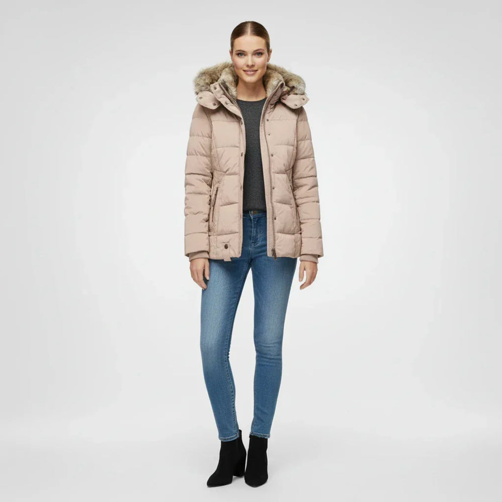 Women's Faux Fur Trim Hooded Puffer Jacket, Quilted Zip Up Snap Front Winter Coat