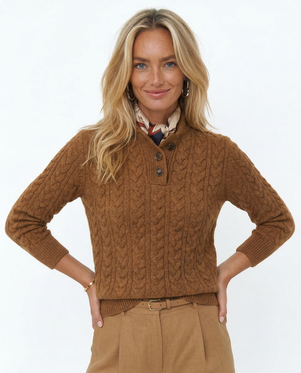 Women's Cable Knit Button Neck Sweater, Stand Collar Henley Pullover