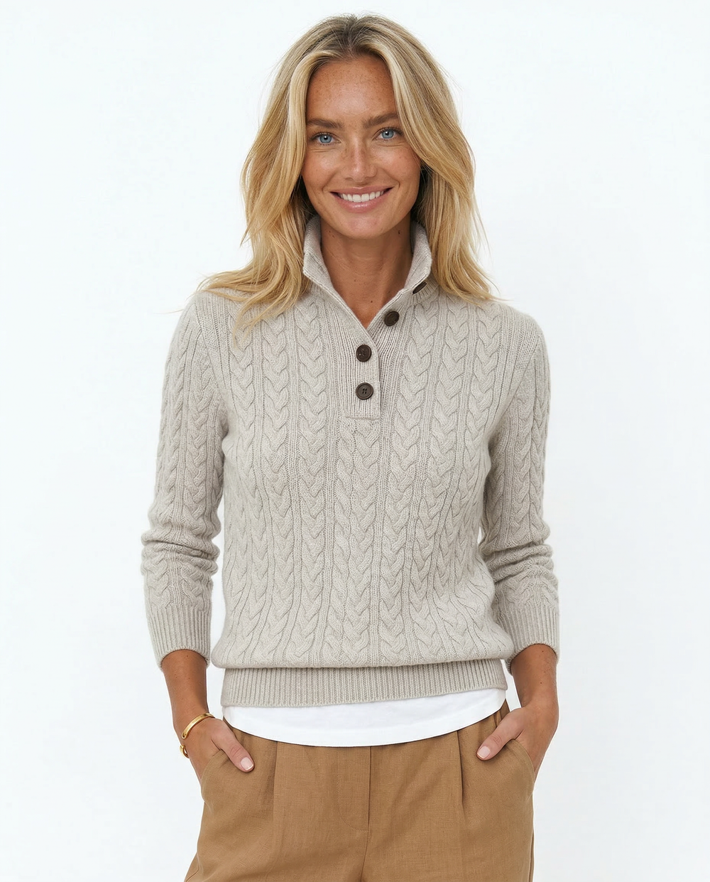 Women's Cable Knit Button Neck Sweater, Stand Collar Henley Pullover