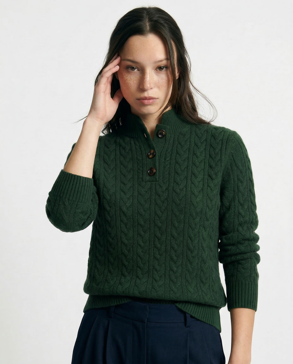 Women's Cable Knit Button Neck Sweater, Stand Collar Henley Pullover