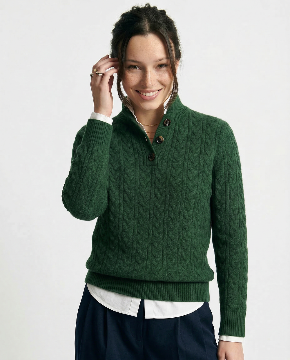 Women's Cable Knit Button Neck Sweater, Stand Collar Henley Pullover