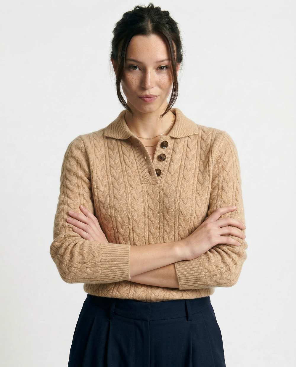 Women's Cable Knit Button Neck Sweater, Stand Collar Henley Pullover