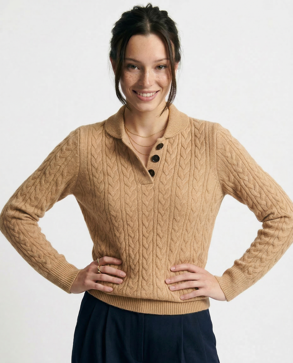 Women's Cable Knit Button Neck Sweater, Stand Collar Henley Pullover