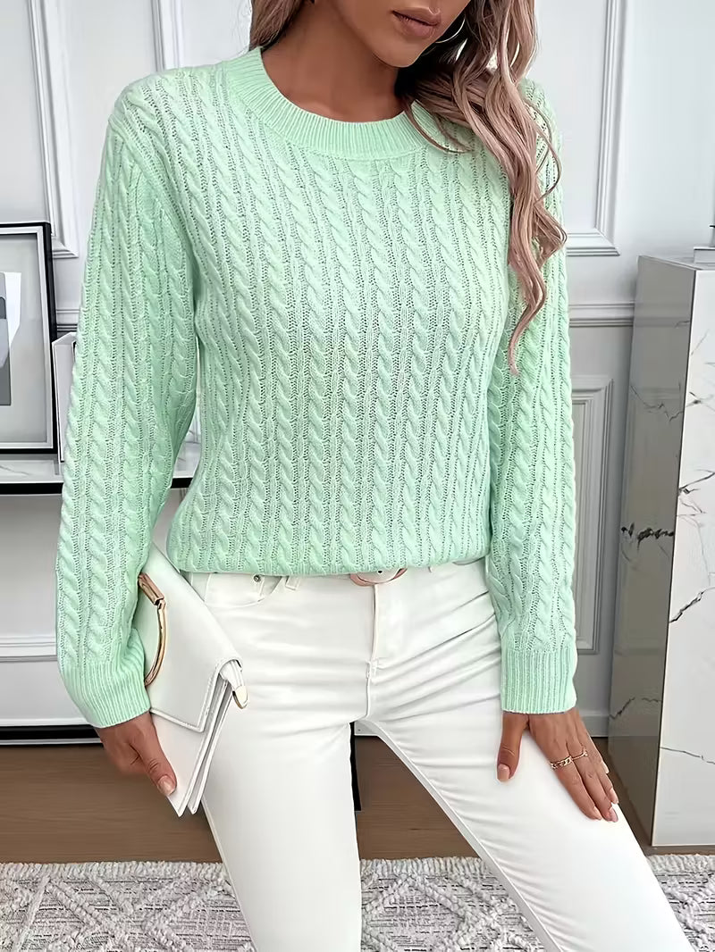 Women's Cable Knit Crewneck Sweater, Classic Fit Long Sleeve Winter Pullover