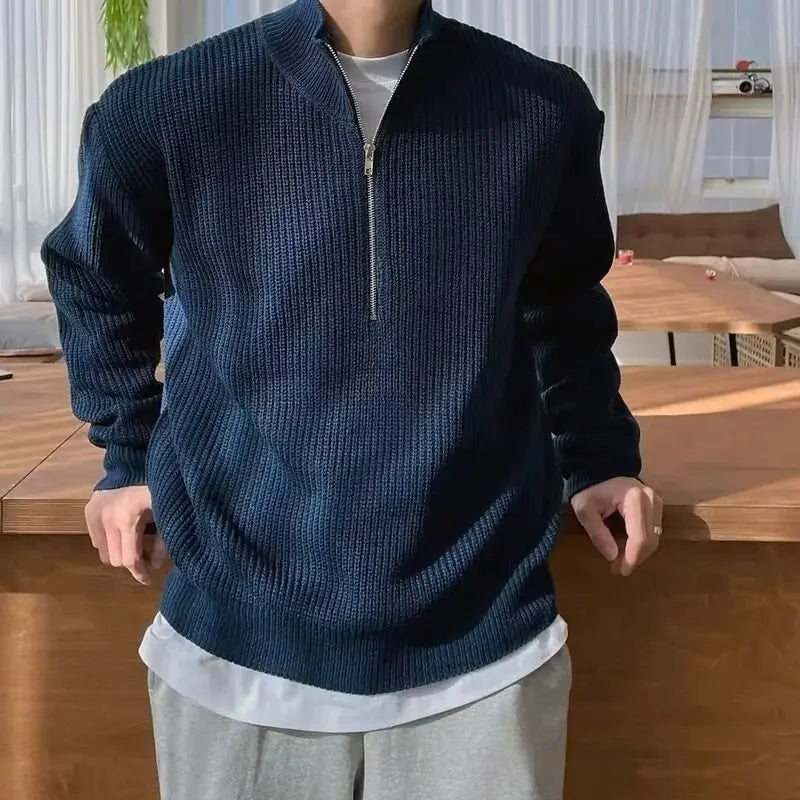 Men's Zip-Up Knit Sweater, Oversized Winter Pullover