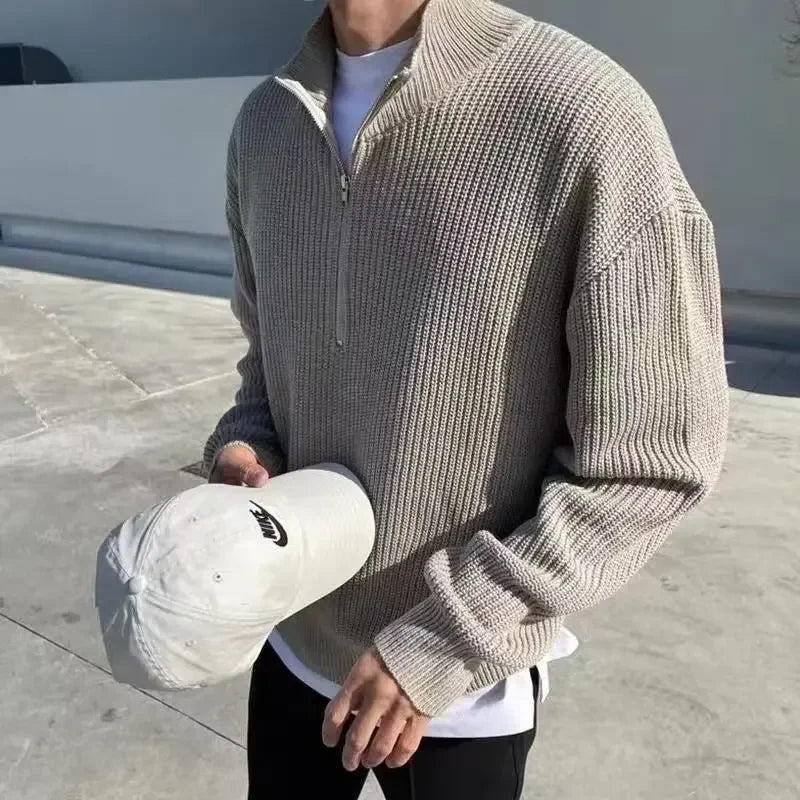 Men's Zip-Up Knit Sweater, Oversized Winter Pullover
