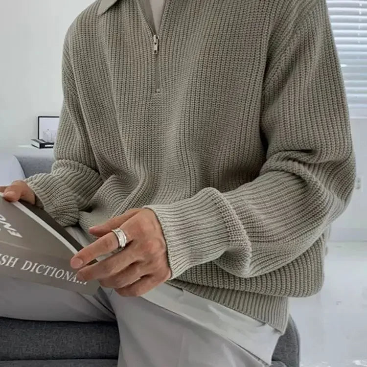 Men's Zip-Up Knit Sweater, Oversized Winter Pullover