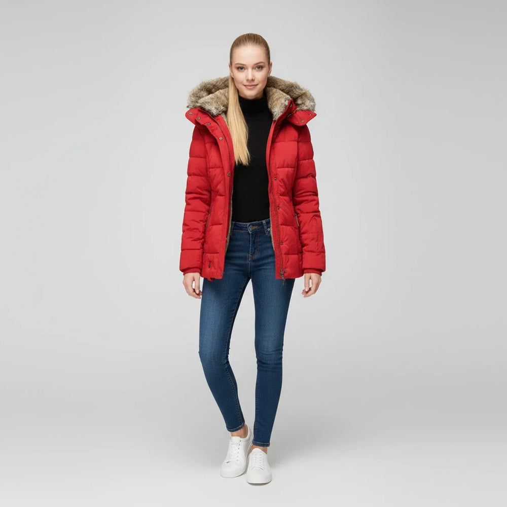 Women's Faux Fur Trim Hooded Puffer Jacket, Quilted Zip Up Snap Front Winter Coat