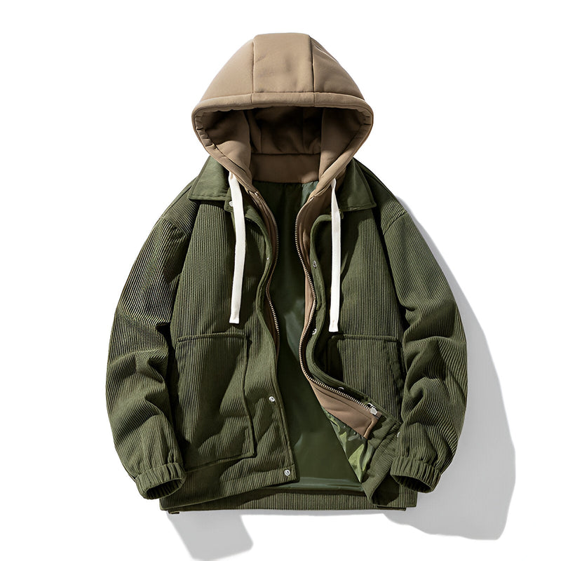 Men's Layered Hooded Corduroy Jacket, Snap Front Contrast Hood Zip Up Jacket