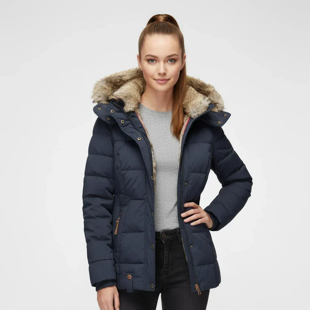 Women's Faux Fur Trim Hooded Puffer Jacket, Quilted Zip Up Snap Front Winter Coat