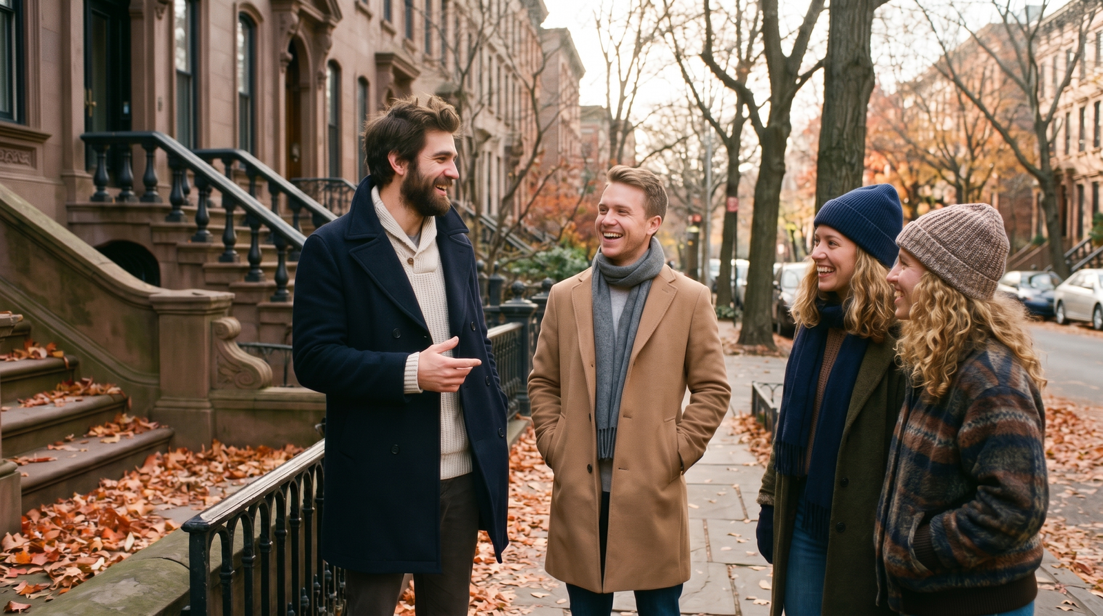A group of friends together on a brownstone stoop on an autumn afternoon