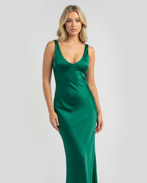 Emerald satin maxi dress, front