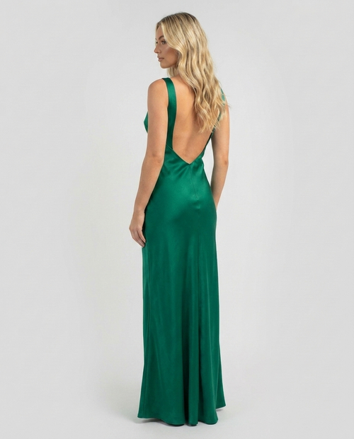 Emerald satin maxi dress, back