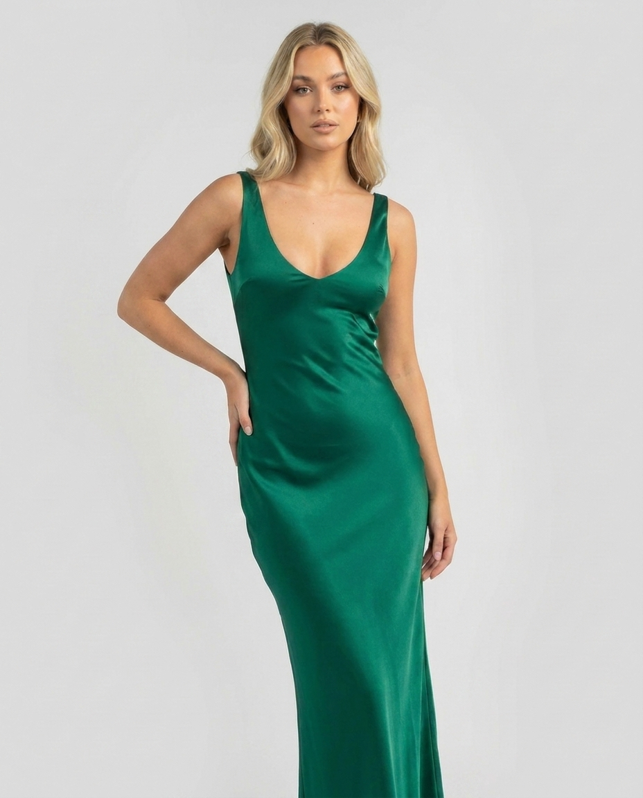 Emerald satin maxi dress, detail