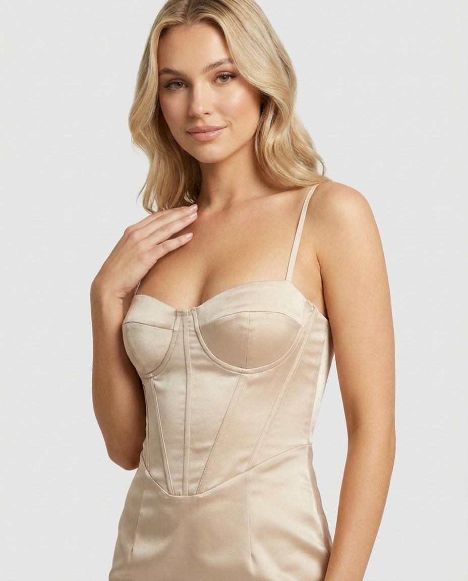 Champagne satin corset mini dress, detail