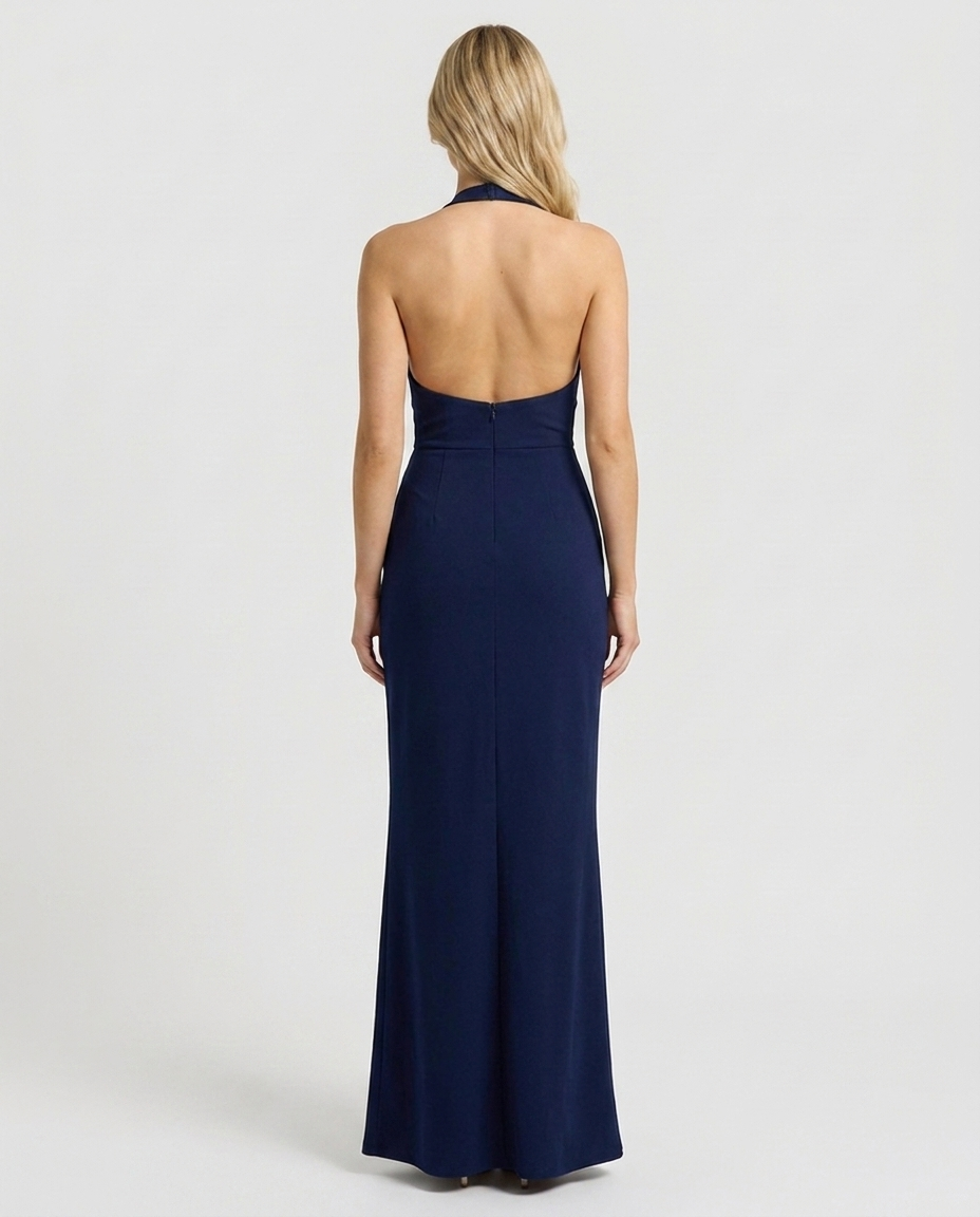 Navy plunge halter maxi dress, back