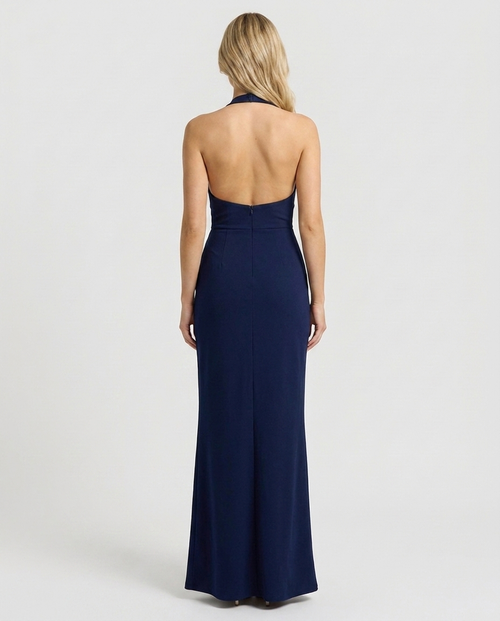 Navy plunge halter maxi dress, back