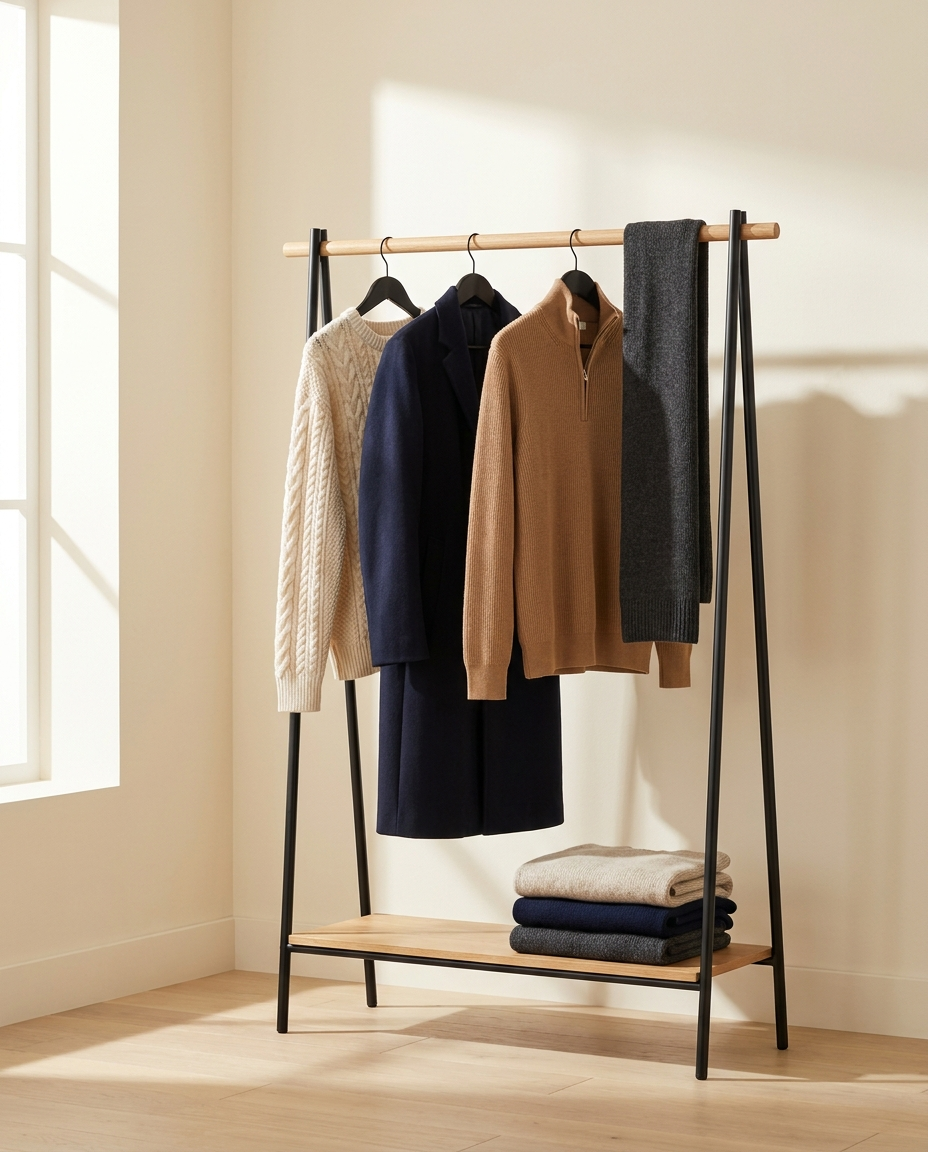 Clothing rack of fall and winter pieces — cable-knit sweater, navy overcoat, camel quarter-zip, charcoal knit, folded knits