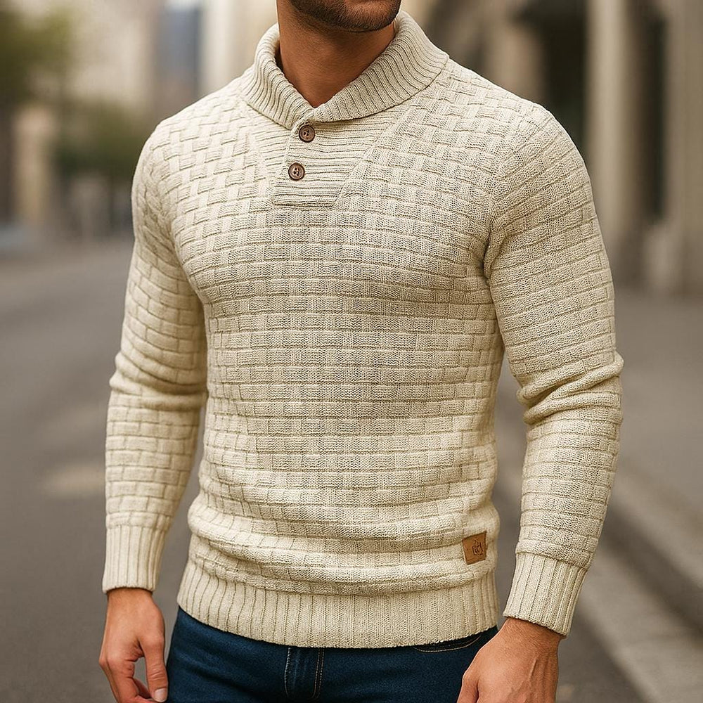 Men's Button-Collar Textured Sweater, Oversized Winter Pullover