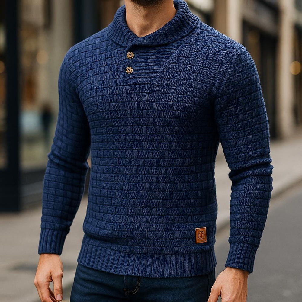 Men's Button-Collar Textured Sweater, Oversized Winter Pullover