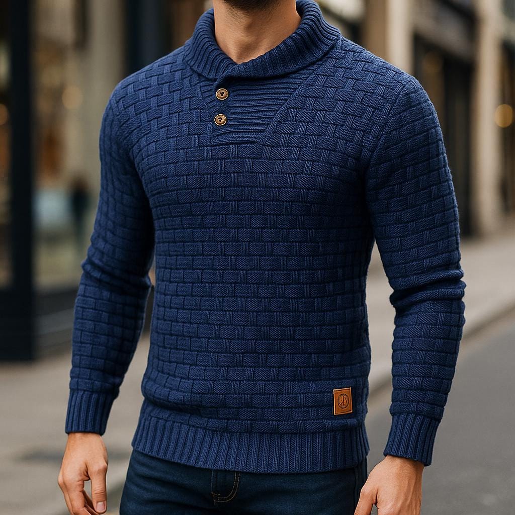 Men's Button-Collar Textured Sweater, Oversized Winter Pullover