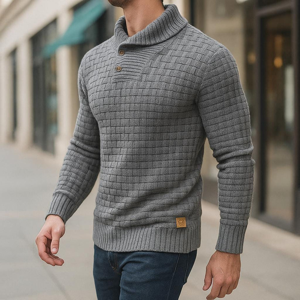 Men's Button-Collar Textured Sweater, Oversized Winter Pullover