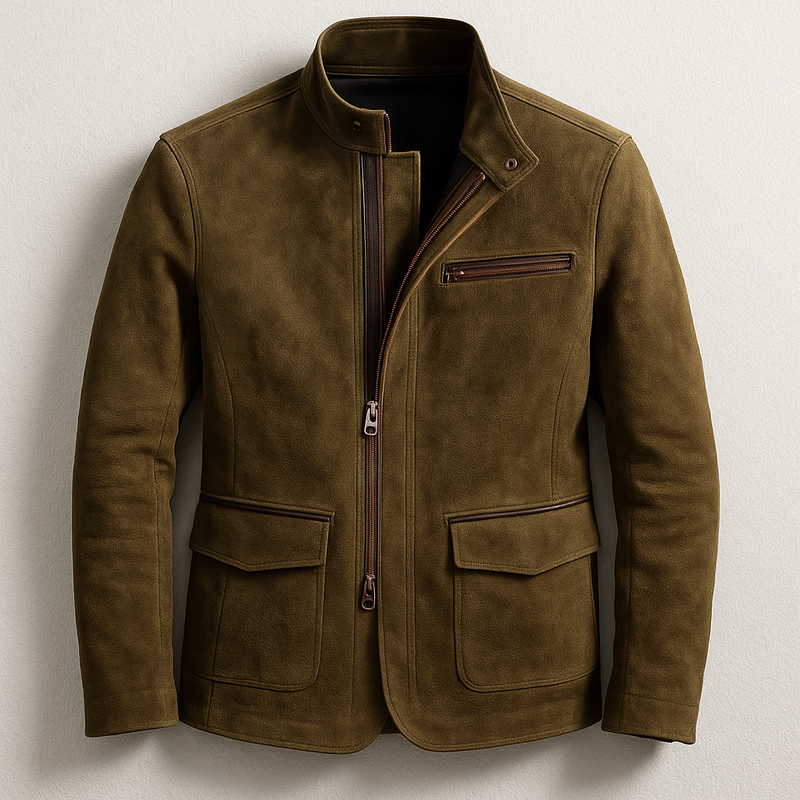 Men's Faux Suede Field Jacket, Zip Up Snap Tab Stand Collar Jacket