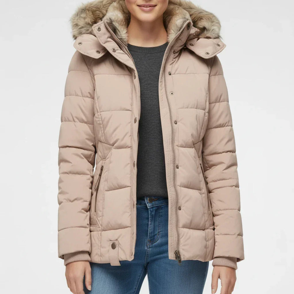 Women's Faux Fur Trim Hooded Puffer Jacket, Quilted Zip Up Snap Front Winter Coat