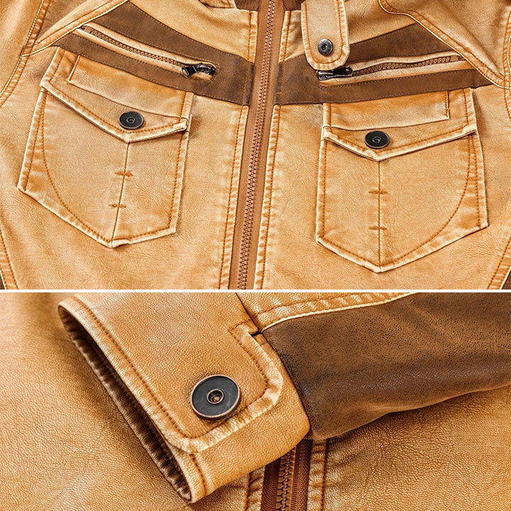 Men's Hooded Faux Leather Jacket, Zip Up Flap Pocket Two-Tone Utility Jacket