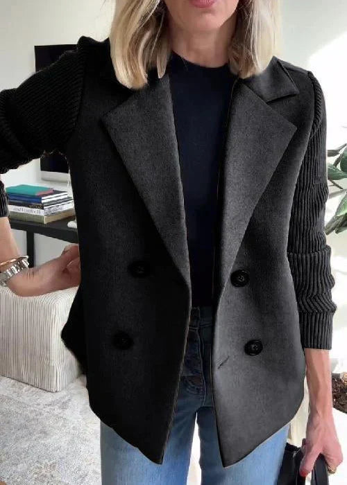 Women's Double Breasted Brushed Jacket, Knit Sleeve Notch Lapel Blazer Jacket