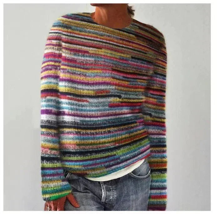 Women's Variegated Stripe Knit Sweater, Fuzzy Retro Crewneck Pullover