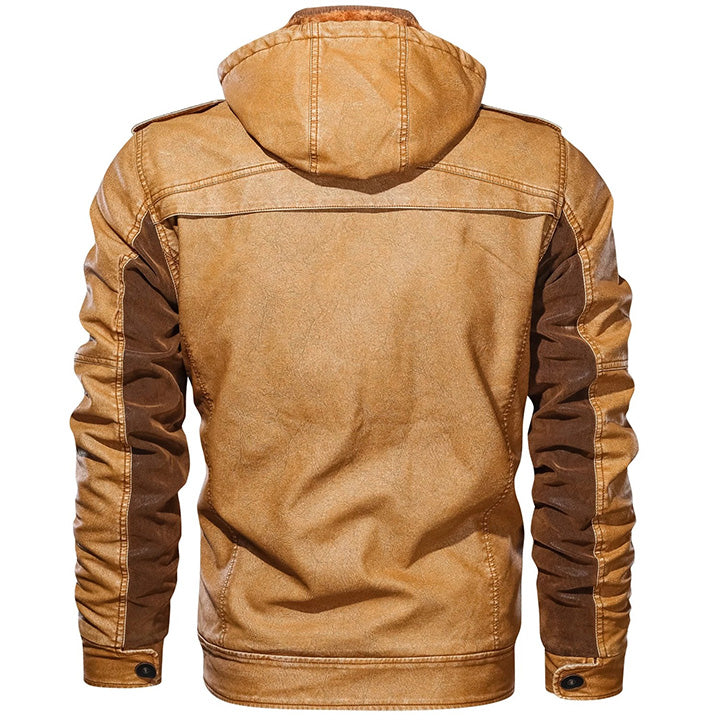 Men's Hooded Faux Leather Jacket, Zip Up Flap Pocket Two-Tone Utility Jacket