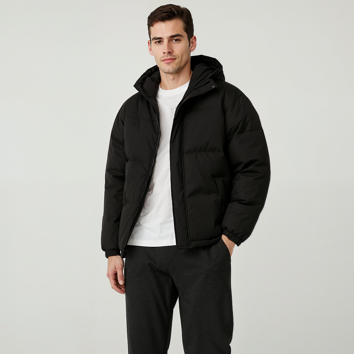 Men's Boxy Hooded Puffer Jacket, Quilted Drawcord Hem Zip Up Winter Coat