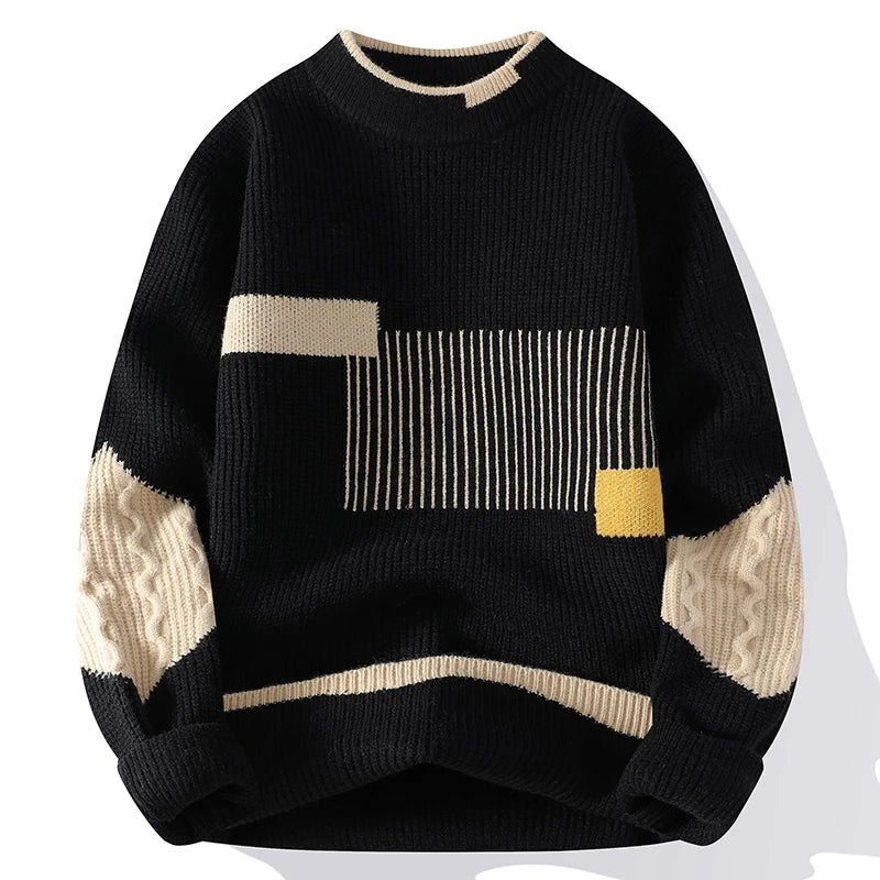Men's Color Block Patchwork Sweater, Relaxed Crewneck Cable Sleeve Pullover