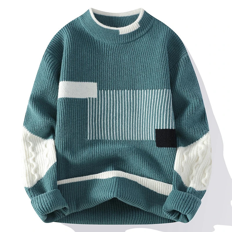 Men's Color Block Patchwork Sweater, Relaxed Crewneck Cable Sleeve Pullover