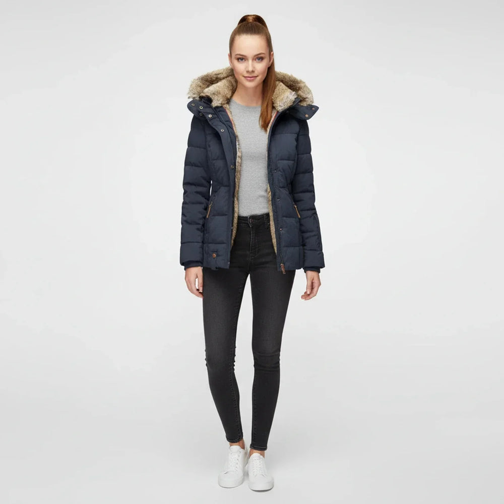 Women's Faux Fur Trim Hooded Puffer Jacket, Quilted Zip Up Snap Front Winter Coat