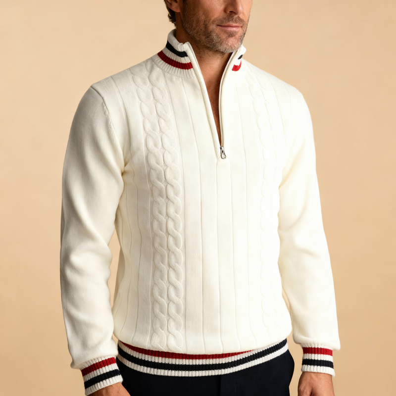 Men's Striped Turtleneck Knit Quarter-Zip Sweater, Half-Zip Ribbed Pullover