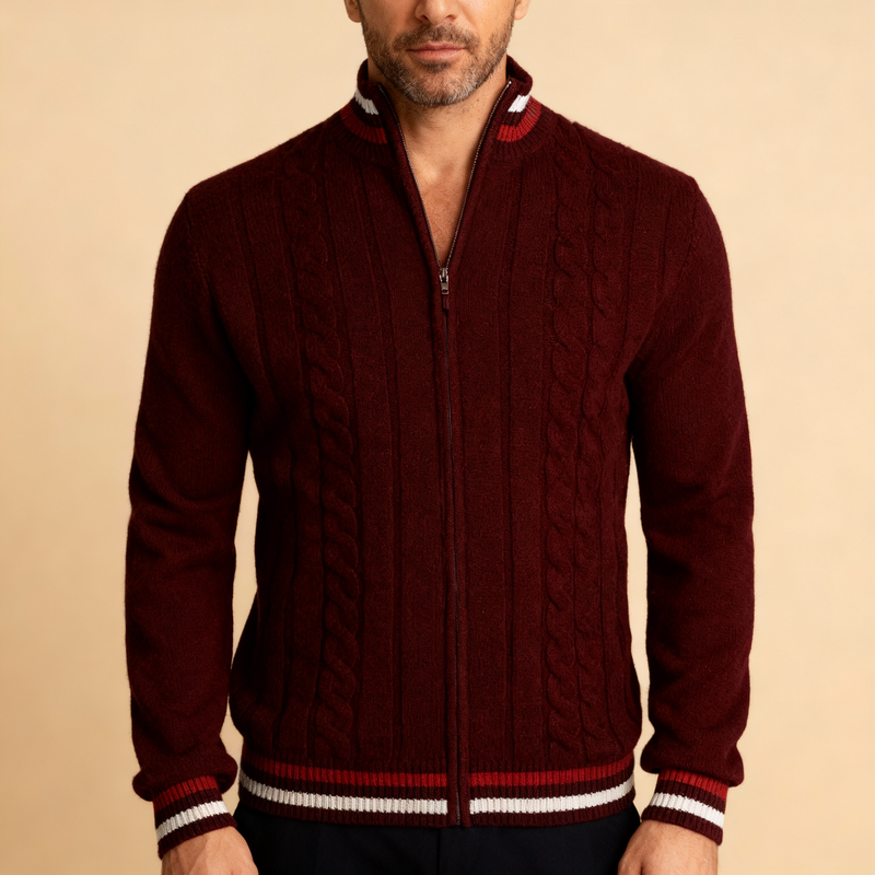 Men's Striped Turtleneck Knit Quarter-Zip Sweater, Half-Zip Ribbed Pullover
