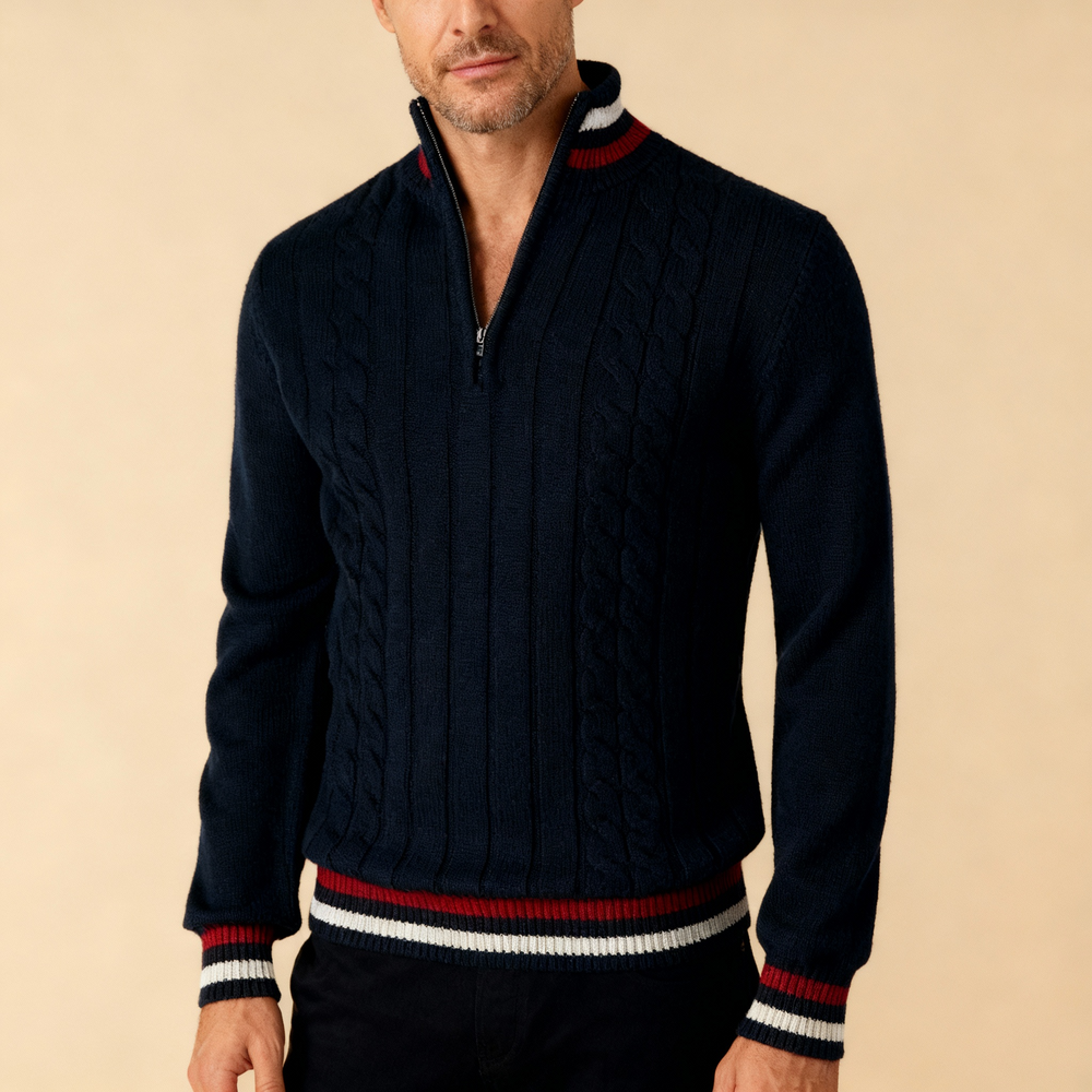 Men's Striped Turtleneck Knit Quarter-Zip Sweater, Half-Zip Ribbed Pullover