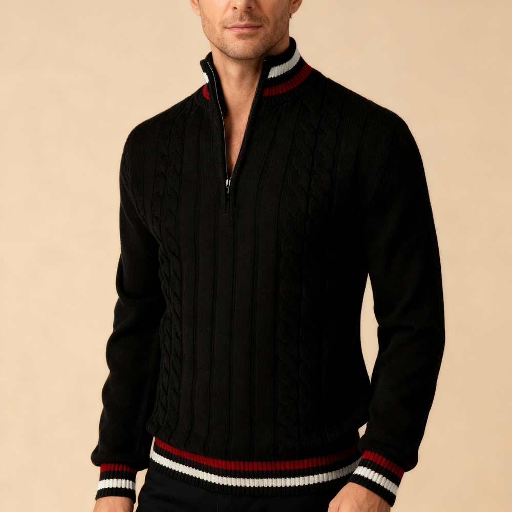 Men's Striped Turtleneck Knit Quarter-Zip Sweater, Half-Zip Ribbed Pullover