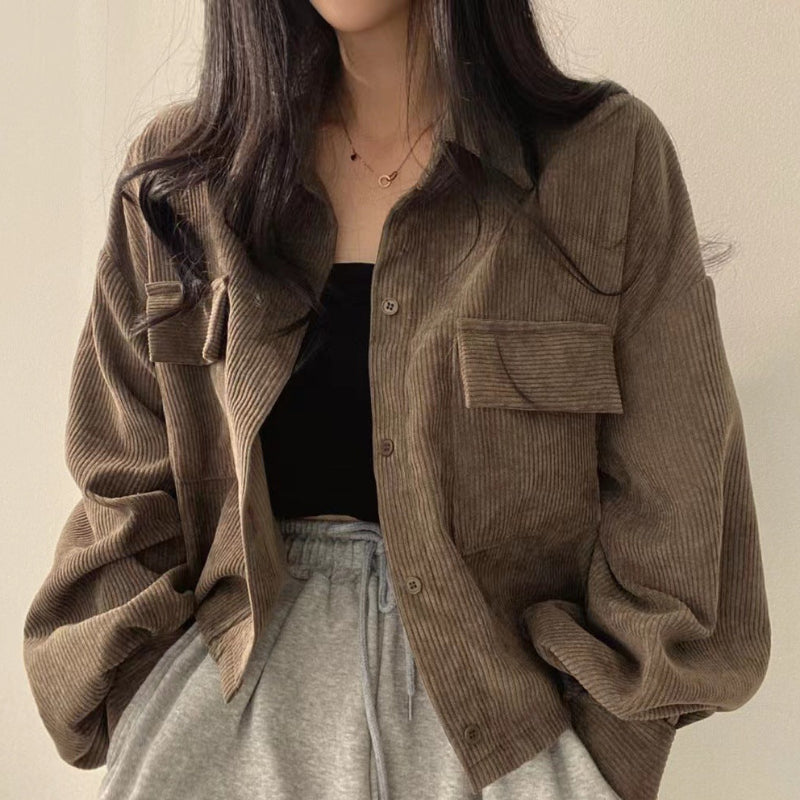 Women's Oversized Corduroy Shirt Jacket, Cropped Button Front Flap Pocket Jacket