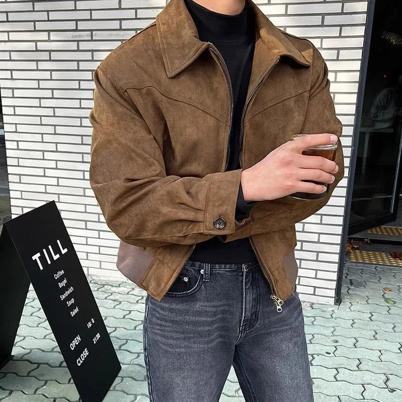 Men's Faux Suede Cropped Jacket, Zip Up Spread Collar Western Yoke Jacket