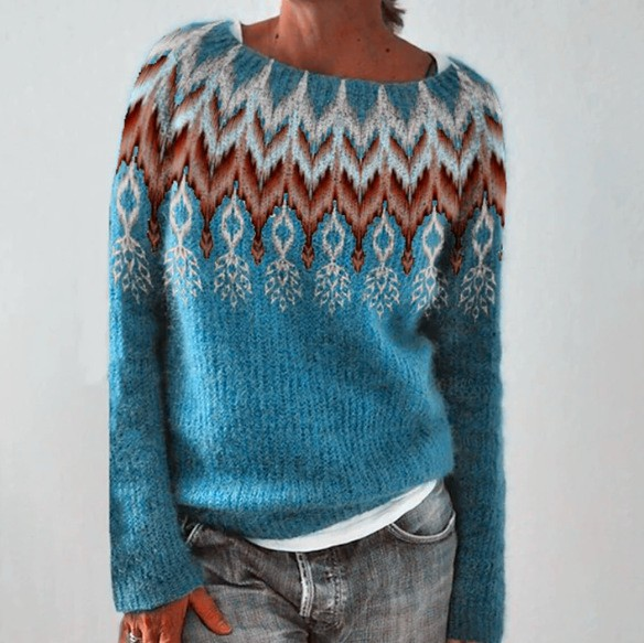 Women's Zigzag Fair Isle Sweater, Snowflake Yoke Crewneck Pullover