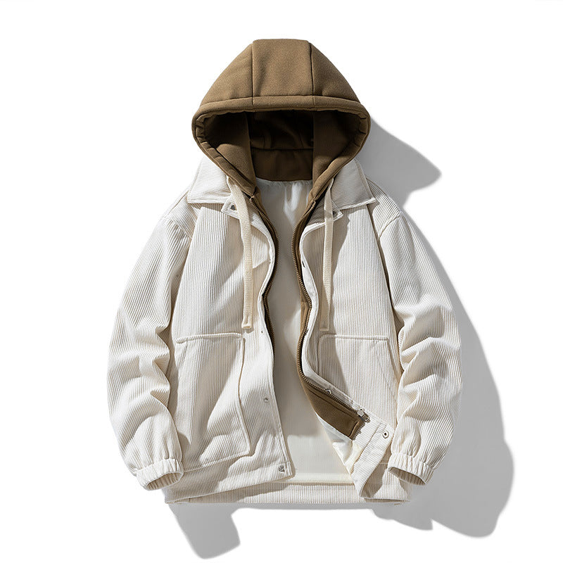 Men's Layered Hooded Corduroy Jacket, Snap Front Contrast Hood Zip Up Jacket