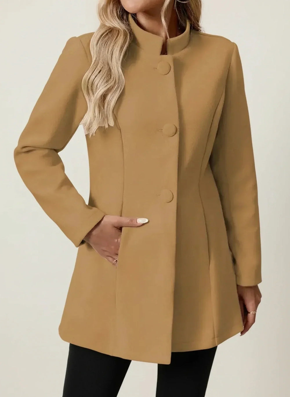Women's Fitted Stand Collar Coat, Button Front Flared Hem Brushed Jacket