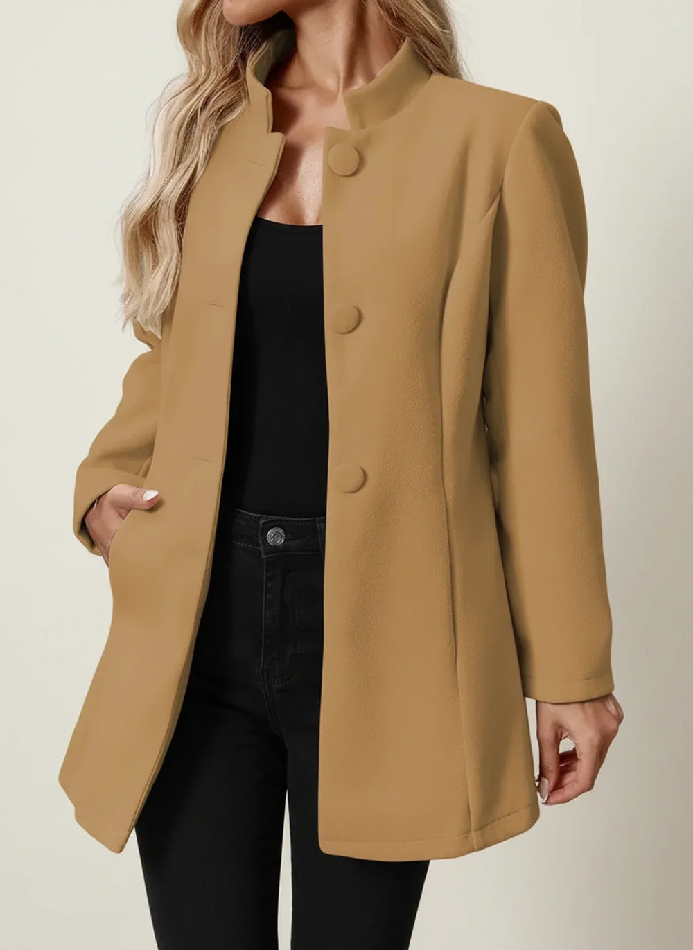 Women's Fitted Stand Collar Coat, Button Front Flared Hem Brushed Jacket