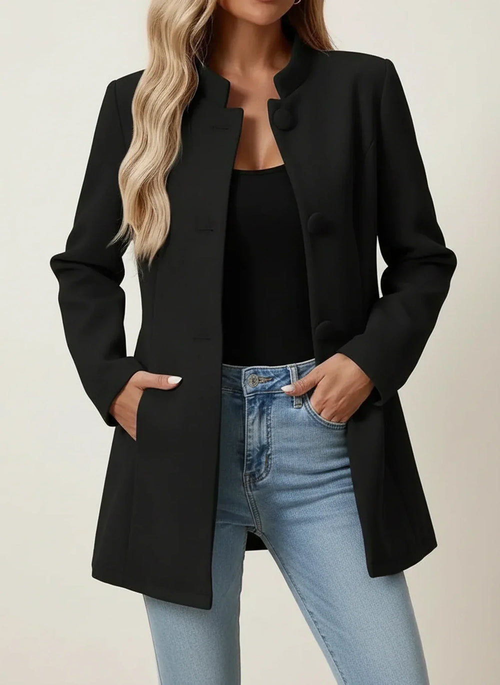 Women's Fitted Stand Collar Coat, Button Front Flared Hem Brushed Jacket