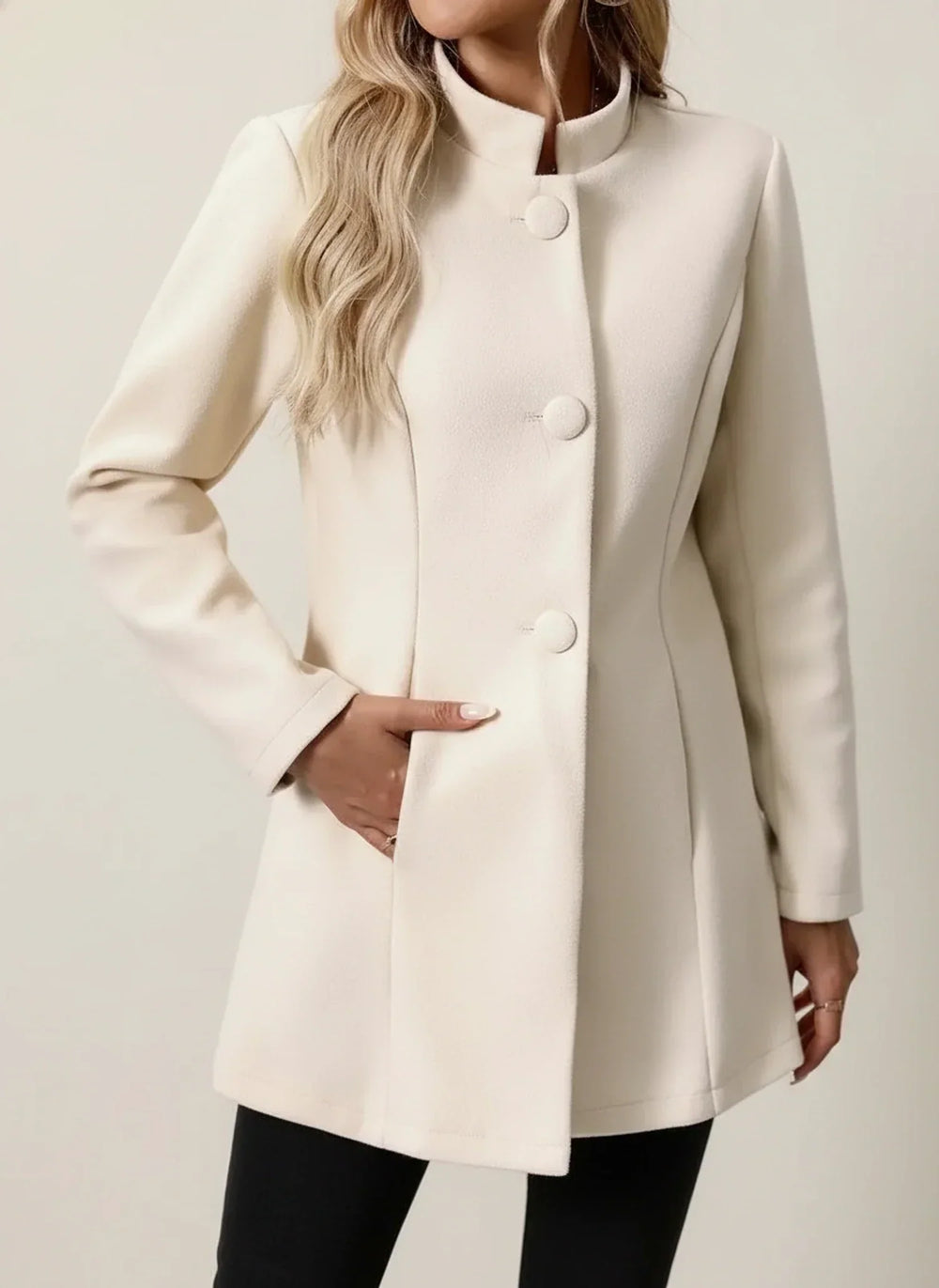 Women's Fitted Stand Collar Coat, Button Front Flared Hem Brushed Jacket