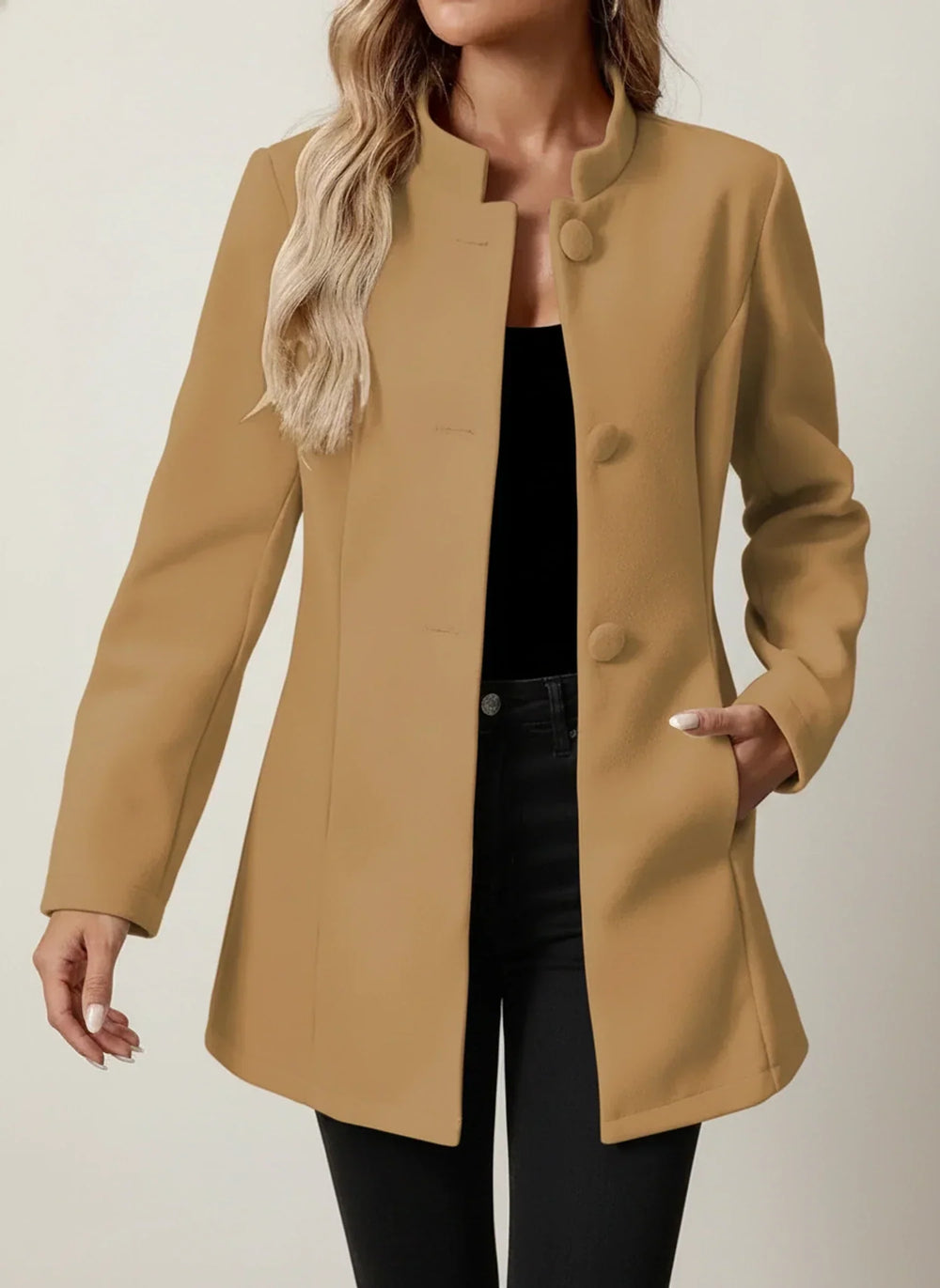 Women's Fitted Stand Collar Coat, Button Front Flared Hem Brushed Jacket